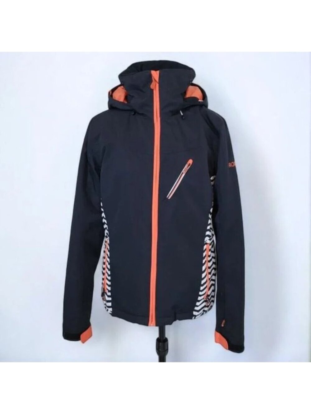 Roxy Black & Orange Winter Snowboard Jacket w White Zig Zag Stripes - Size Large